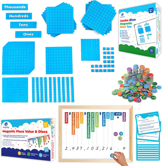 Simply Magic Magnetic Place Value & Discs Set & Jumbo Blue Magnetic Base Ten Blocks + Headings for Math