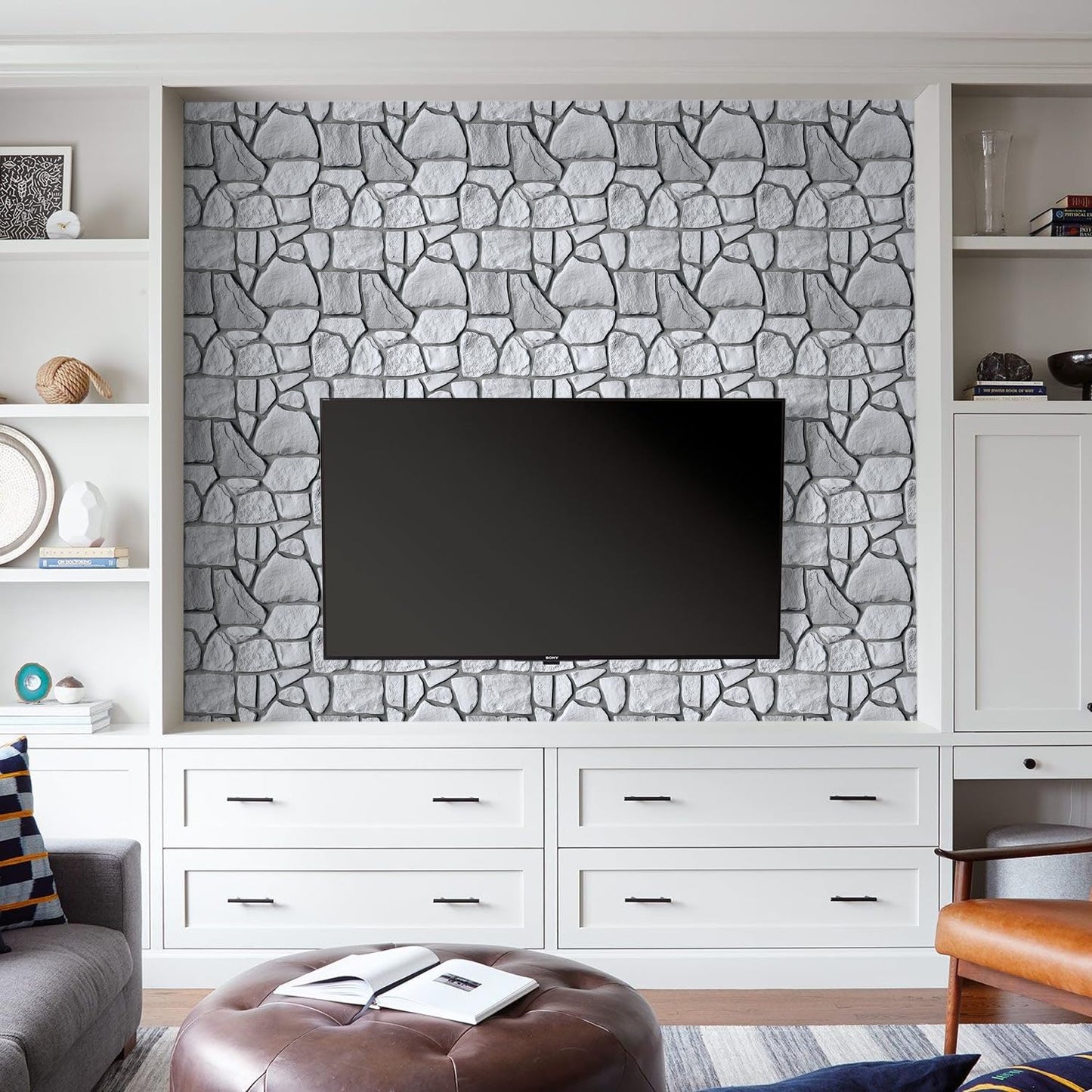 COMSTICKC 3D Faux Gray Stone Wall Sticker Peel and Stick Wall Panels,10 Pcs of 12"X12",Ultra-Light Thin PVC Decorative Tiles Rocks Stone Backsplash Interior Decor,Paintable