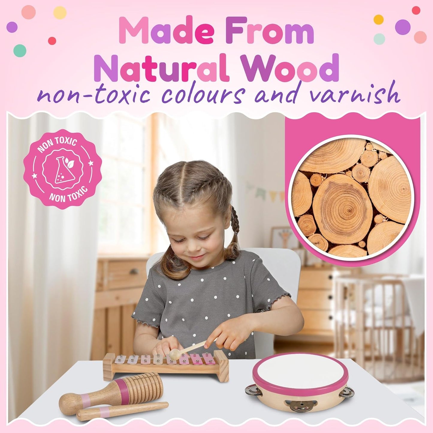 Stoie's Wooden Toddler Musical Instruments with Drum, Hand Bells, Flute, Maracas, Castanet, Tamburine, for Babies and Kids, Eco Friendly Montessori Educational Toy
