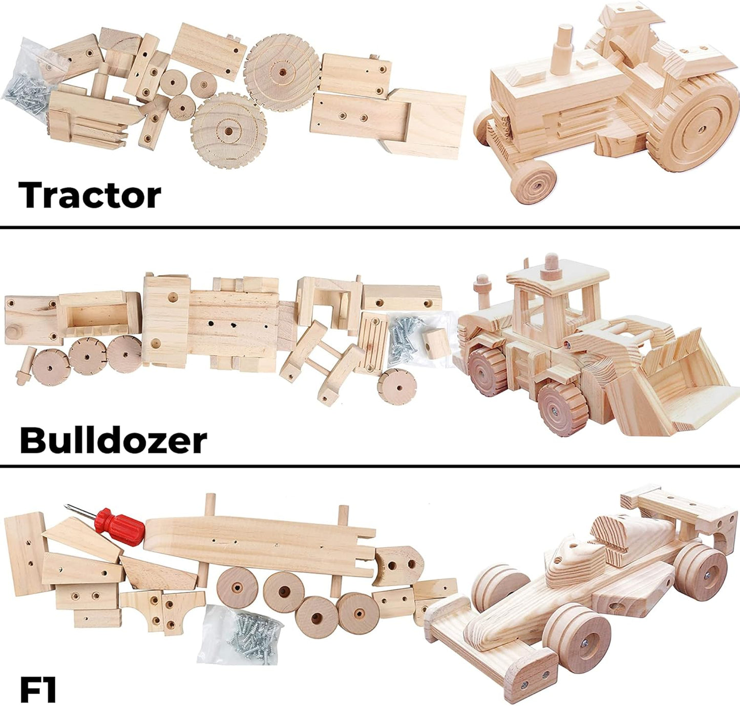 Kraftic Woodworking Building Kit for Kids and Adults, with 3 Educational DIY Carpentry Construction Wood Model Kit Toy Projects for Boys and Girls - Tow Truck, Birdhouse and Dump Truck