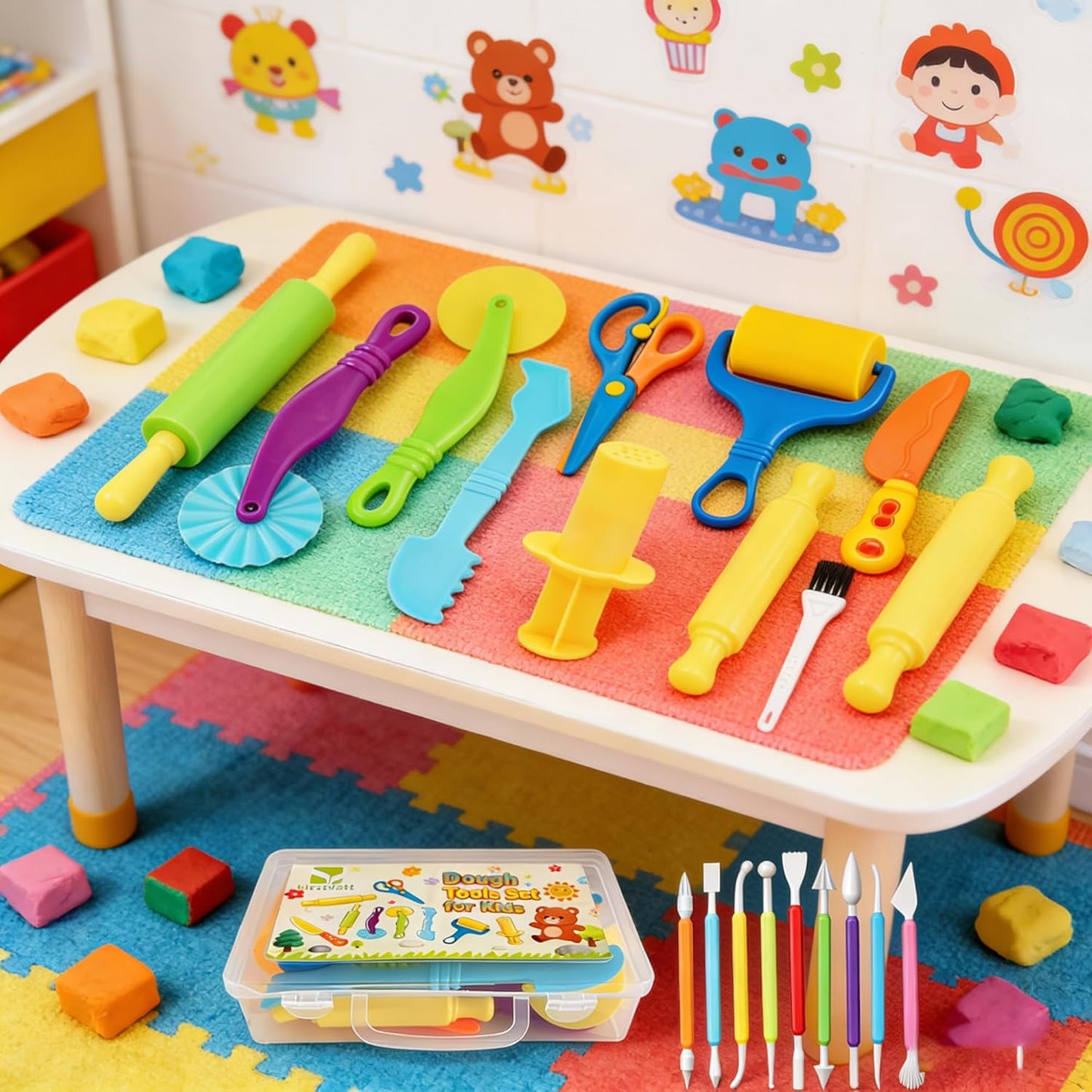 Kleeblatt Dough Tools Set for Kids - 19 Pcs Playdough Kit with 9 Basic Dough Tools, 9 Double-Headed Clay Carving Tools & Cleaning Brush, Safe for Toddlers Ages 2-8, for Clay/Plasticine/Sand