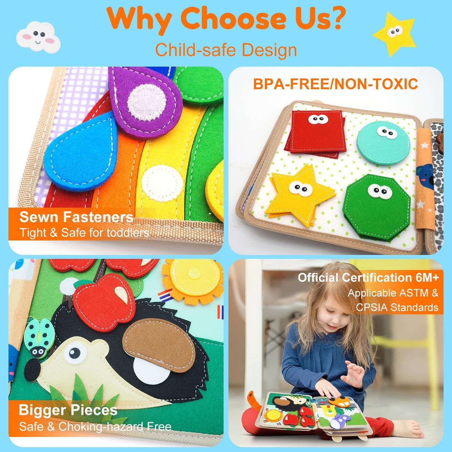 Felt Busy Book for Toddlers 1-3, Montessori Busy Board for 1 Year Old, Quiet Book Airplane Travel Toys, Sensory Early Learning Educational Toy, Road Trip Activity Books, Girls Birthday Gifts