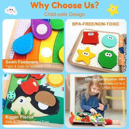 Felt Busy Book for Toddlers 1-3, Montessori Busy Board for 1 Year Old, Quiet Book Airplane Travel Toys, Sensory Early Learning Educational Toy, Road Trip Activity Books, Girls Birthday Gifts