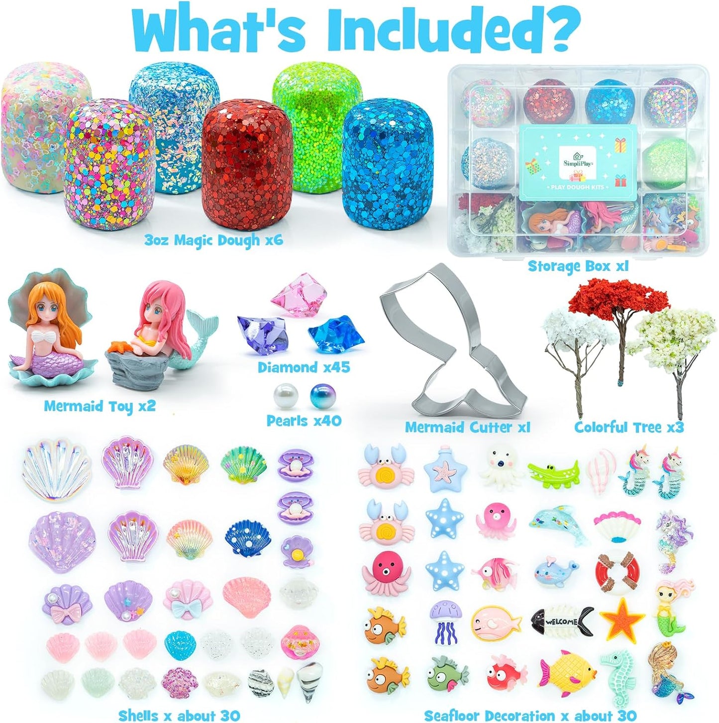 SIMPLIPLAY Mermaid Sensory Kit, 18oz 6 Pcs Glitter Doughs with Accessories(150 Pcs+), Non-Toxic Play Dough Set, Sensory Dough Kit for Toddlers 3 4 5 6 Year Old with Cutter, Mermaid Toys