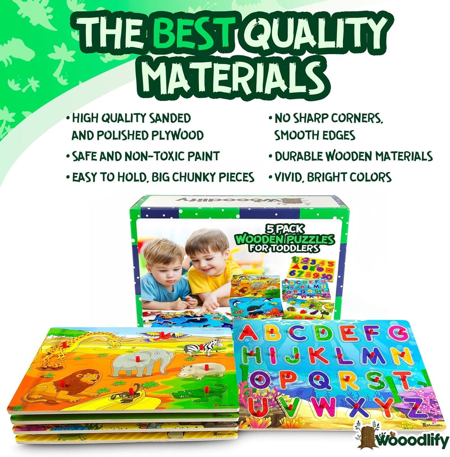 5 Pack Wooden Puzzles for Toddlers 1-3 - Colorful Chunky Wooden Peg Puzzles - Educational Learning Montessori Toys - Toddler Puzzles for Kids Ages 2-4 - Alphabet ABC Number Animal Fruit Shape