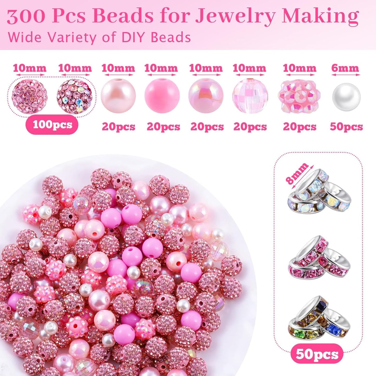 300 Pcs Diamonds Beads for Jewelry Making, Included 10 mm Red Rhinestone Beads for Bracelets, Bubblegum Bead for Pen Making, Pearl and Spacer Bead for Bracelet Necklace Earring Crafting