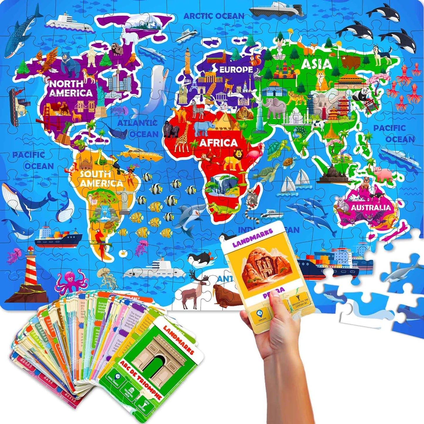 United States Puzzles for Kids Ages 4-6 - 70 Pcs USA Map Kids Puzzle with 50 Cards 400+ USA Facts - State & Capitals Floor Jigsaw Puzzles for Children 6-8 - Educational Toys Gift for Boys Girls