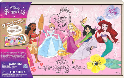 Spin Master Games, Disney Princess Puzzles, 7-Pack, Jigsaw Kids Puzzles, 12, 16, & 24 Pieces, Featuring Ariel, Tiana, Rapunzel, Pocahontas, Storage Tray, for Ages 4 & Up