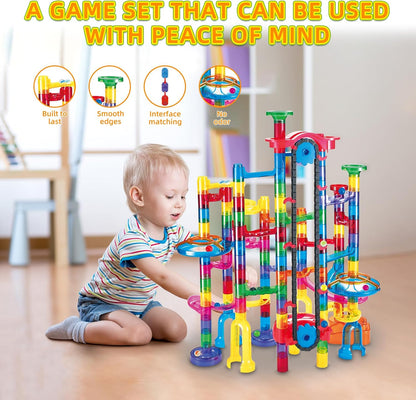 Tucrae 224 PCS Marble Runs Toys with Automatic Elevator Glowing Marble Maze Building Set STEM Puzzle Toys for 3 4 5+ Boys & Girls Children's Day, Christmas Easter Gifts(Containing 60 Marbles)