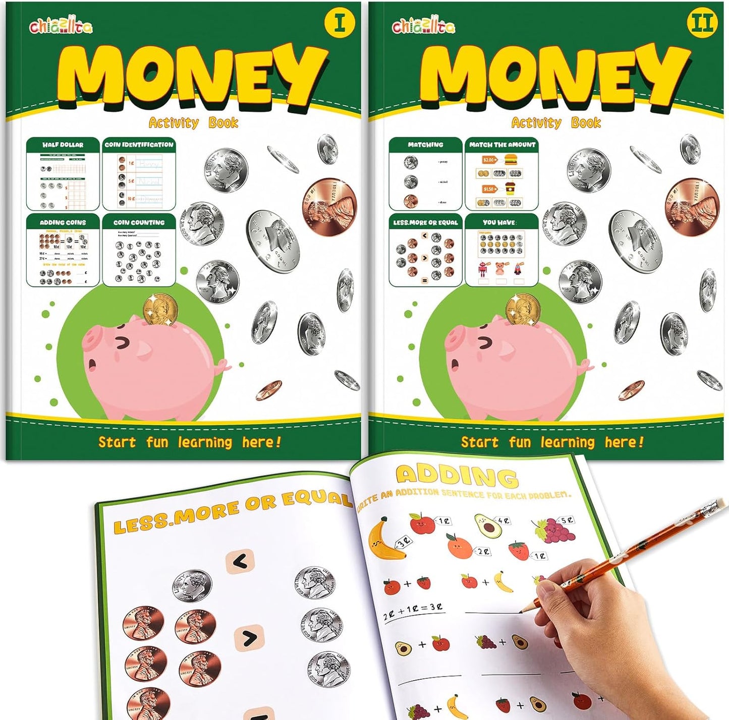chiazllta Money Activity Workbook Set of 2 Coin Recognition and Counting Practice Workbook Pennies Nickels Dimes Quarters Dollars Full Color Money Skills Practice Book