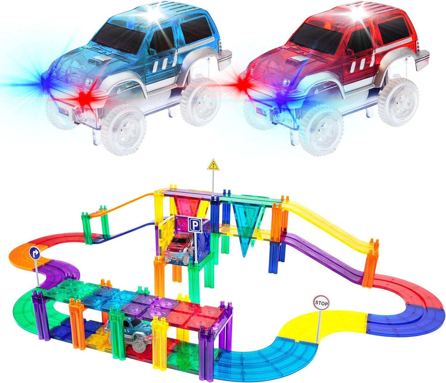 PicassoTiles 50pc Racecar Track Magnetic Tiles Educational Kids Toy with 2 Light Up Trucks STEM Preschool Learning Magnet Tile Toddler Toys Boys Girls Ages 3+ Blocks Game Puzzles Build Playset PTR50