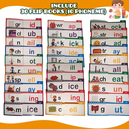 30 Read and Rhyme Flip Books, 1Set Word Family Build Book, Sight Words Flash Cards Kindergarten, Phonics Flash Cards Reading Games (1Set)