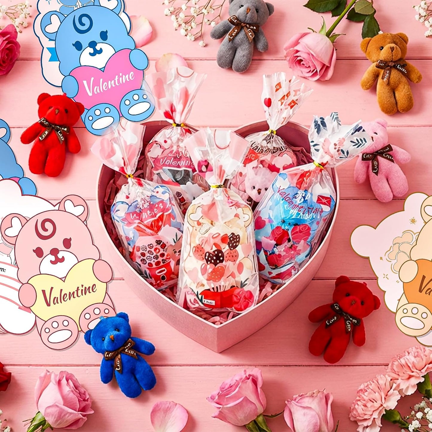 24 Pcs Valentine's Day Gift Mini Plush Bear Toys with Bear-Shaped Cards, 4.7 Inch Stuffed Animal Dolls for Keychain DIY, Kids Classroom Birthday Party Favors Classroom Exchange Prize Supplies