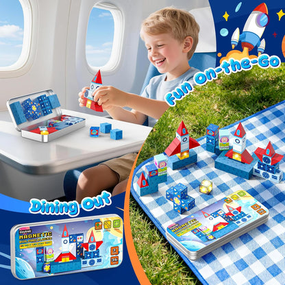 Magnetic Tiles Race Track Set, 52PCS STEM Educational Magnetic Building Blocks with 2 Race Cars, Montessori Sensory Travel Toys for Kids 3 4 5 6 7 8, Birthday for Boys & Girls