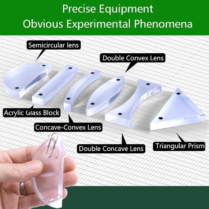STEM Optical Refraction Reflection Experiment Kit- Magnetic Lenses Triangular Prism Acrylic Glass Block 3-Way Linear Light Source Teaching Equipment for School Classroom with Storage Box