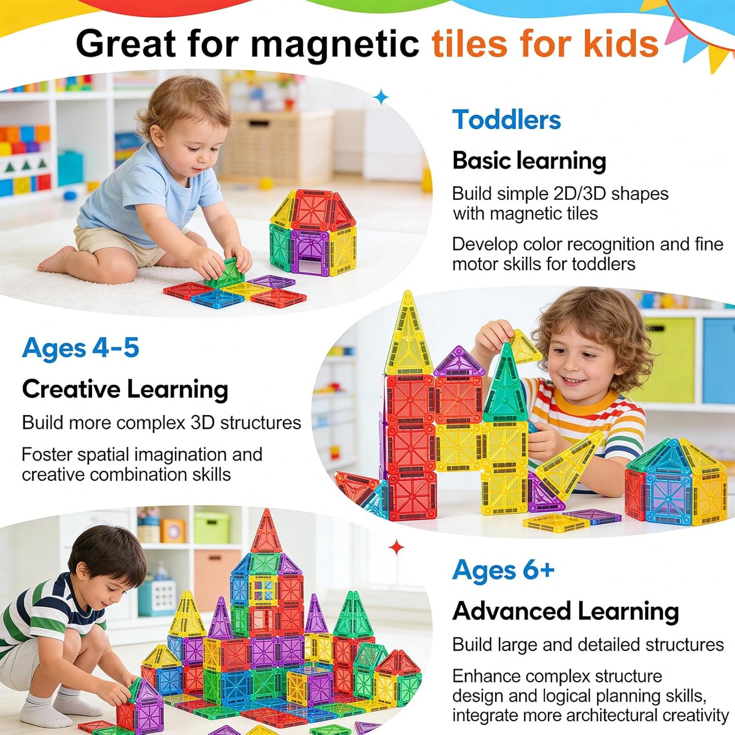 Mini Magnetic Tiles,34 PCS Magnetic Blocks with Metal Storage Box,Magnetic Building Tiles ,STEM Educational Travel Magnetic Tiles,Toddler Magnetic Toys for Kids Boys Girls Christmas Birthday Gifts