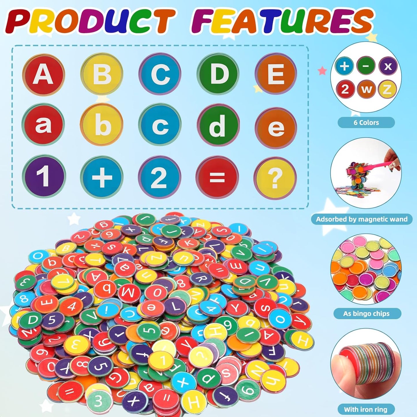 Coopay 234 Pcs Alphabets Numbers Chips and 2 Pcs Magnetic Wands - Toddler Learning Letters for Spelling, Reading Tools for Kids Science of Reading Manipulatives, Teaching Supplies Kindergarten