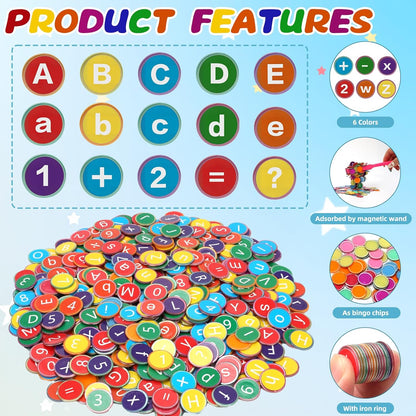 Coopay 234 Pcs Alphabets Numbers Chips and 2 Pcs Magnetic Wands - Toddler Learning Letters for Spelling, Reading Tools for Kids Science of Reading Manipulatives, Teaching Supplies Kindergarten
