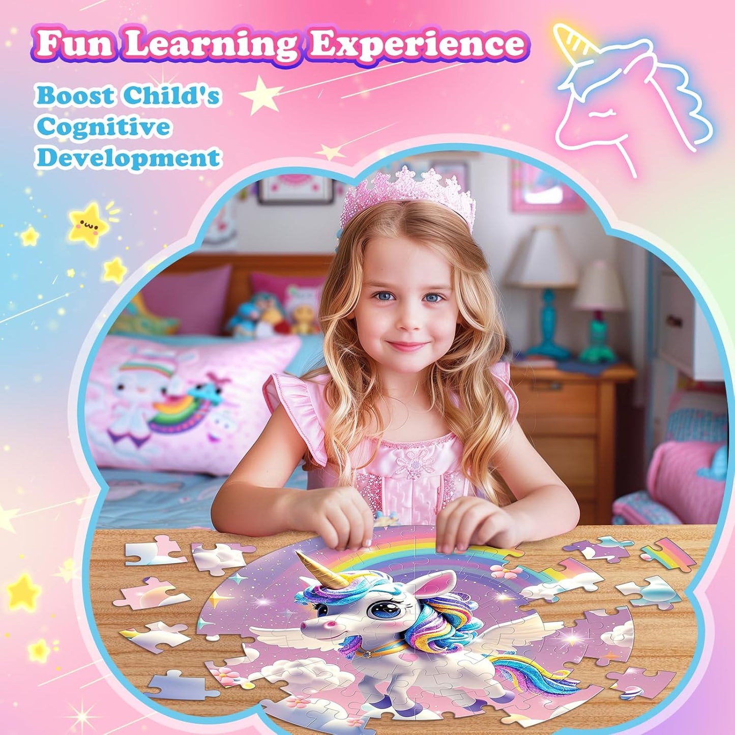 72 Pieces Shimmery Jumbo Mermaid Floor Puzzle for Girls 3-5 4-6 Age Floor Puzzles for Boys and Girls Large Round Floor Jigsaw Puzzles (Mermaid)