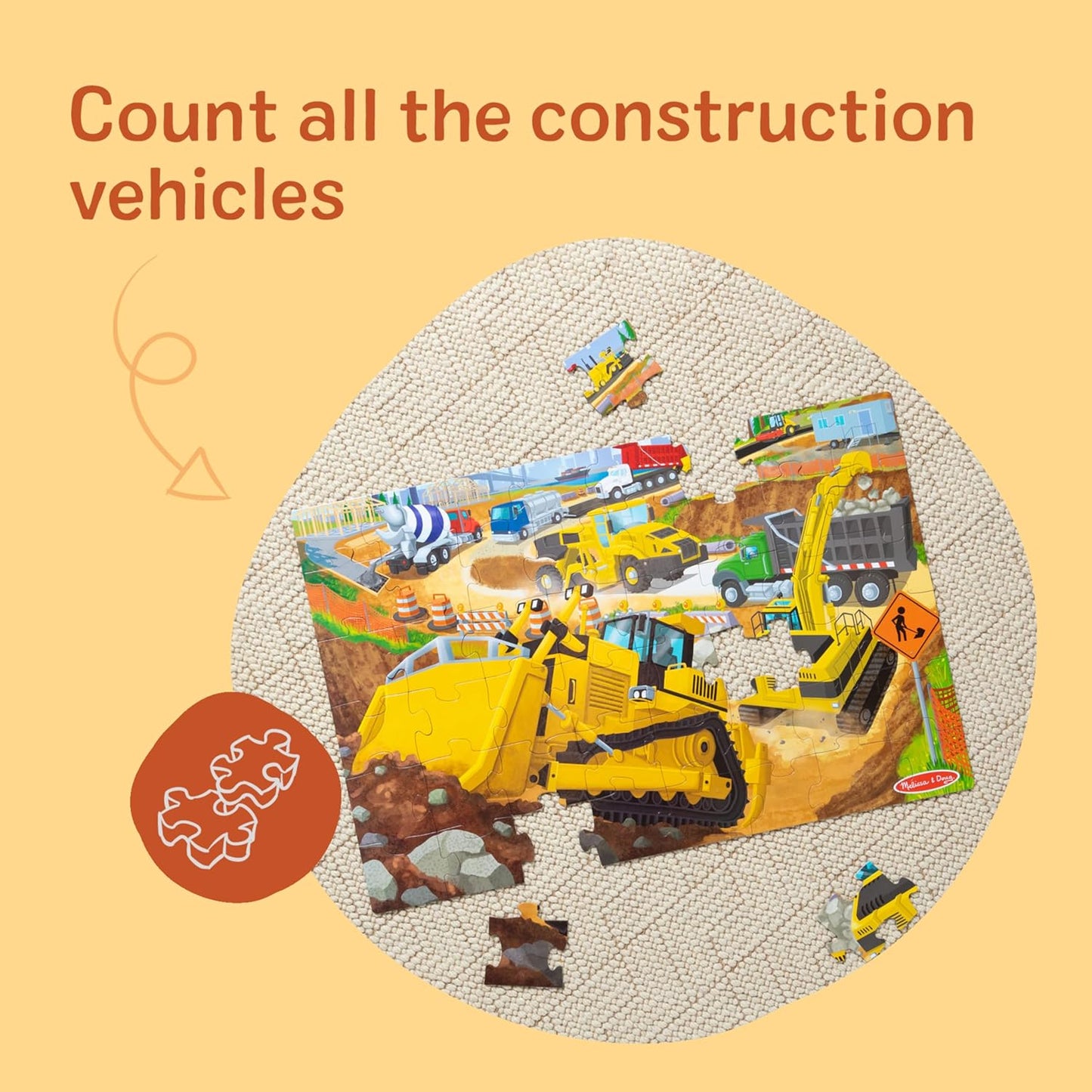 Melissa & Doug Building Site, Construction Themed Jumbo Floor Puzzle, 48‑Piece Construction Vehicle Jigsaw Puzzle, 3 x 2 Foot Toddler Puzzles for Kids Ages 3+