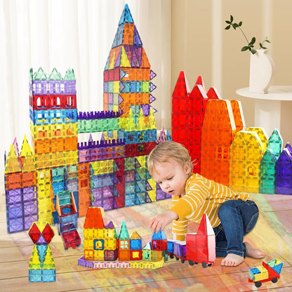 Paaxido Magnetic Tiles - 130PCS Magnetic Blocks for Kids, Magnet Tiles Building Blocks Set with 2 Cars, Construction STEM Magnet Toys Gift for Kids, Boys and Girls 3 4 5 6 7 8+ Year Old