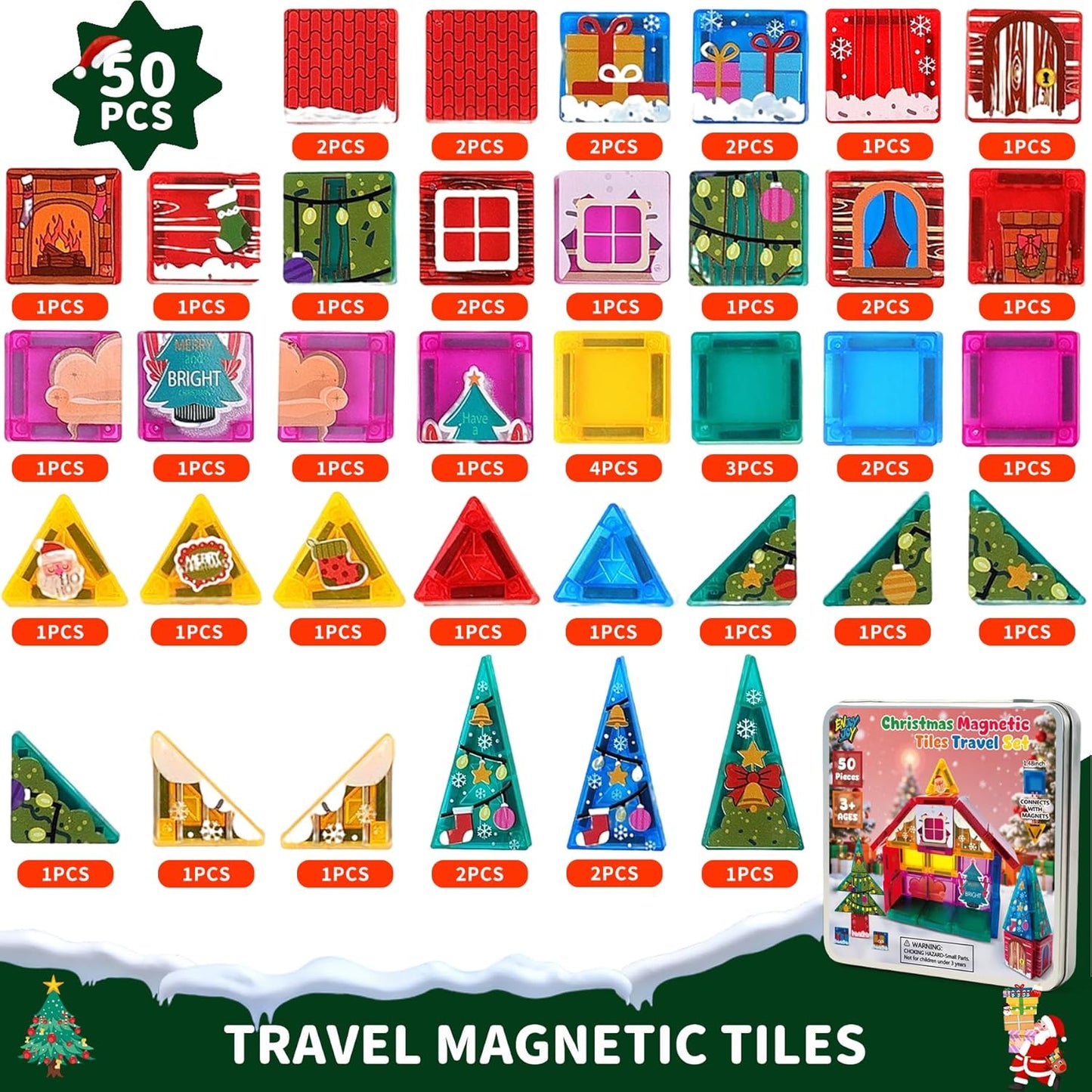 Enjoyjoy Mini Magnetic Tiles - 50PCS Travel Magnetic Tiles Set with Metal Case Portable On-The-Go Magnet Tiles for Kids Magnet Building Blocks Ages 3+ Boys and Girls Christmas Birthday Gift