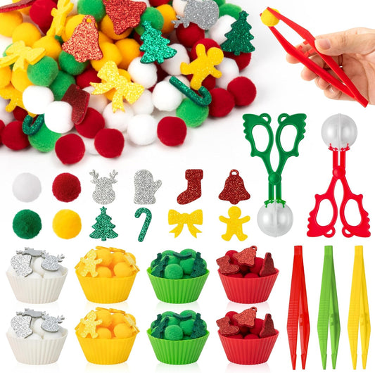 EZdhuawuse Summer Sensory Bin Fillers - 294P Summer Fine Motor Toys Colorful Counting Sorting Toys for Kids, Shiny Felt Xmas Tree Elk Pom Poms Cup Clip for Preschool Education Activities Birthday Gift