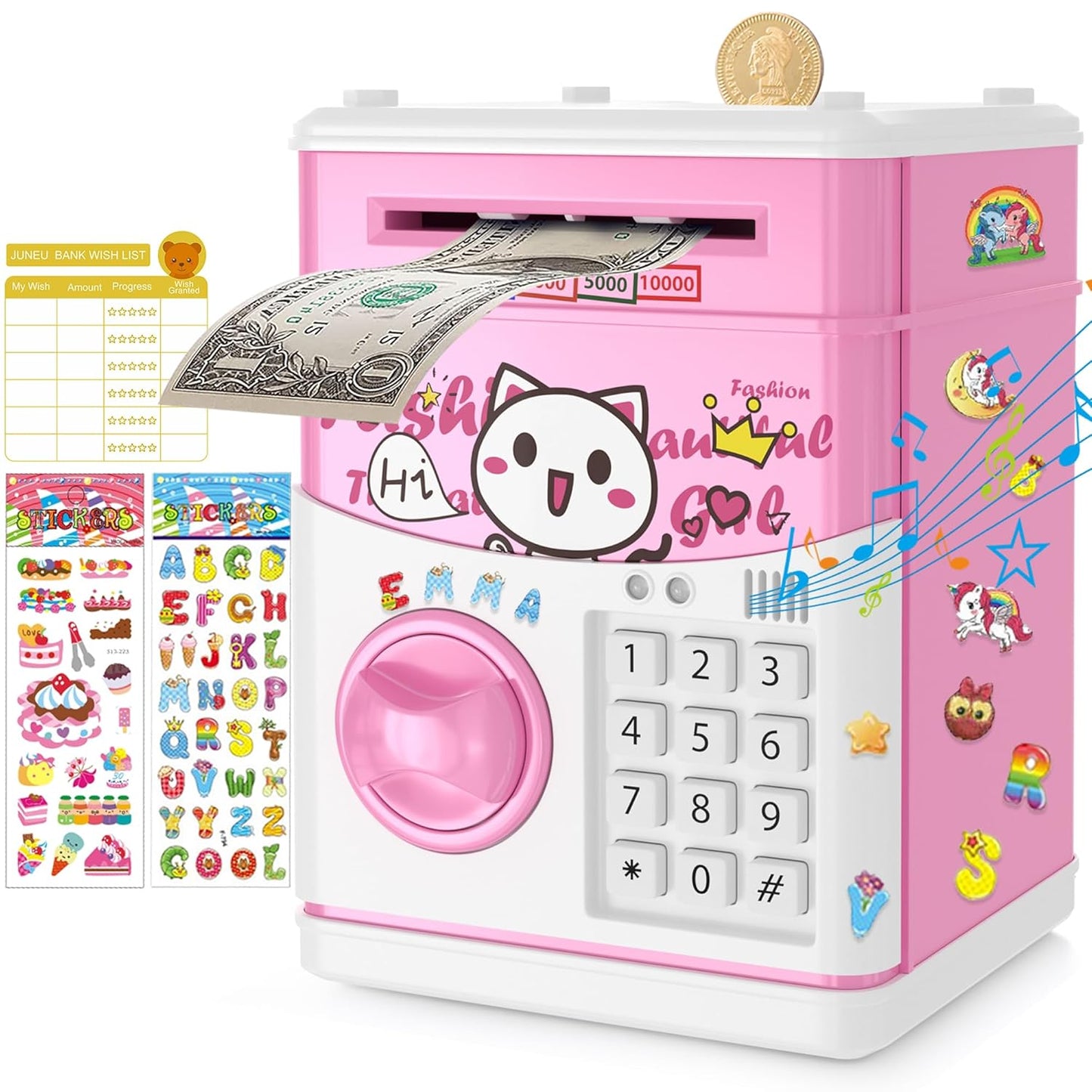 JUNEU Unicorn Piggy Bank for Kids, Gifts for 5 6 7 8 9 10 Year Old Girls, Kids Electronic Piggy Bank, Girls Birthday Gifts, Educational Toys for Girl Boys, Kid Money Saving Box, Mini ATM Coin Bank