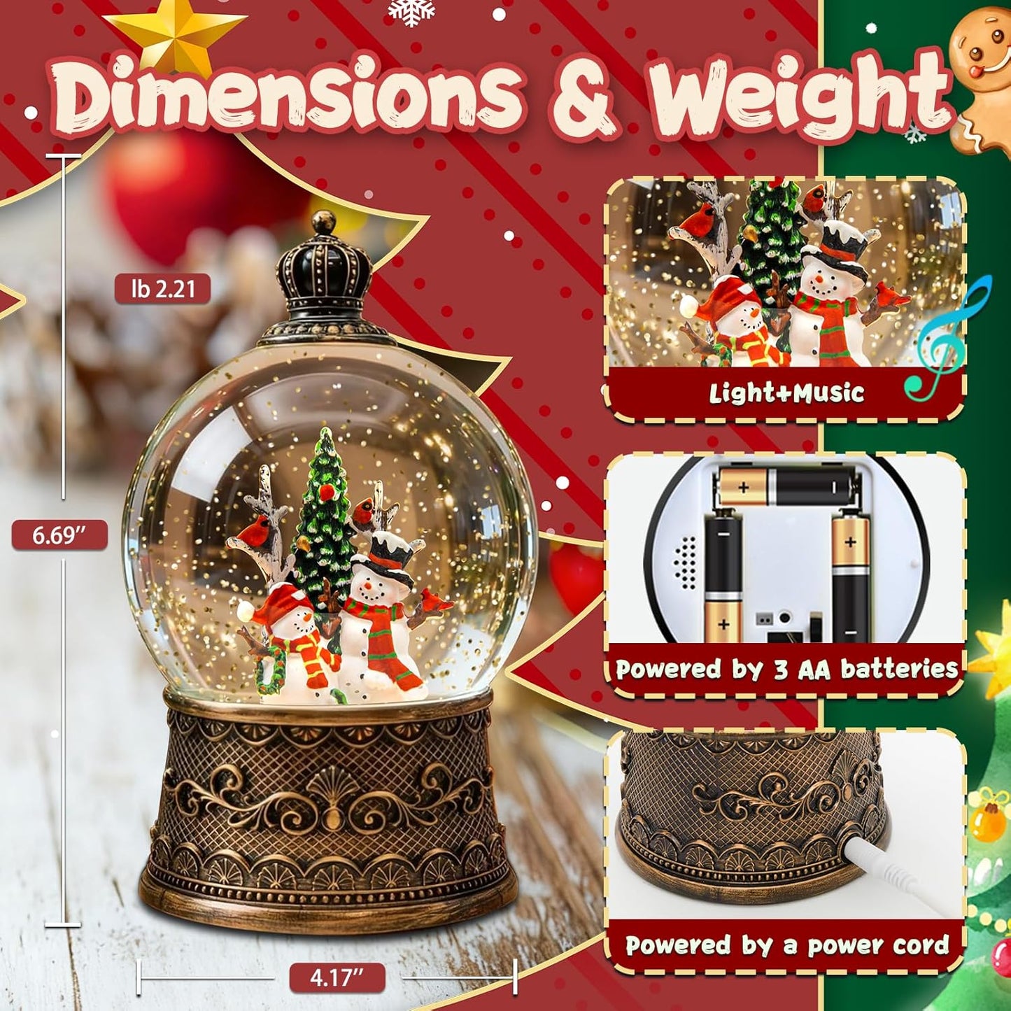 Christmas Snow Globes Lantern, Church and Christmas Tree Christmas Decorations Indoor, 6H Timer Battery & USB Powered Light Up Musical Snow Globes for Kids Women Adults Gift Thanksgiving Home Decor