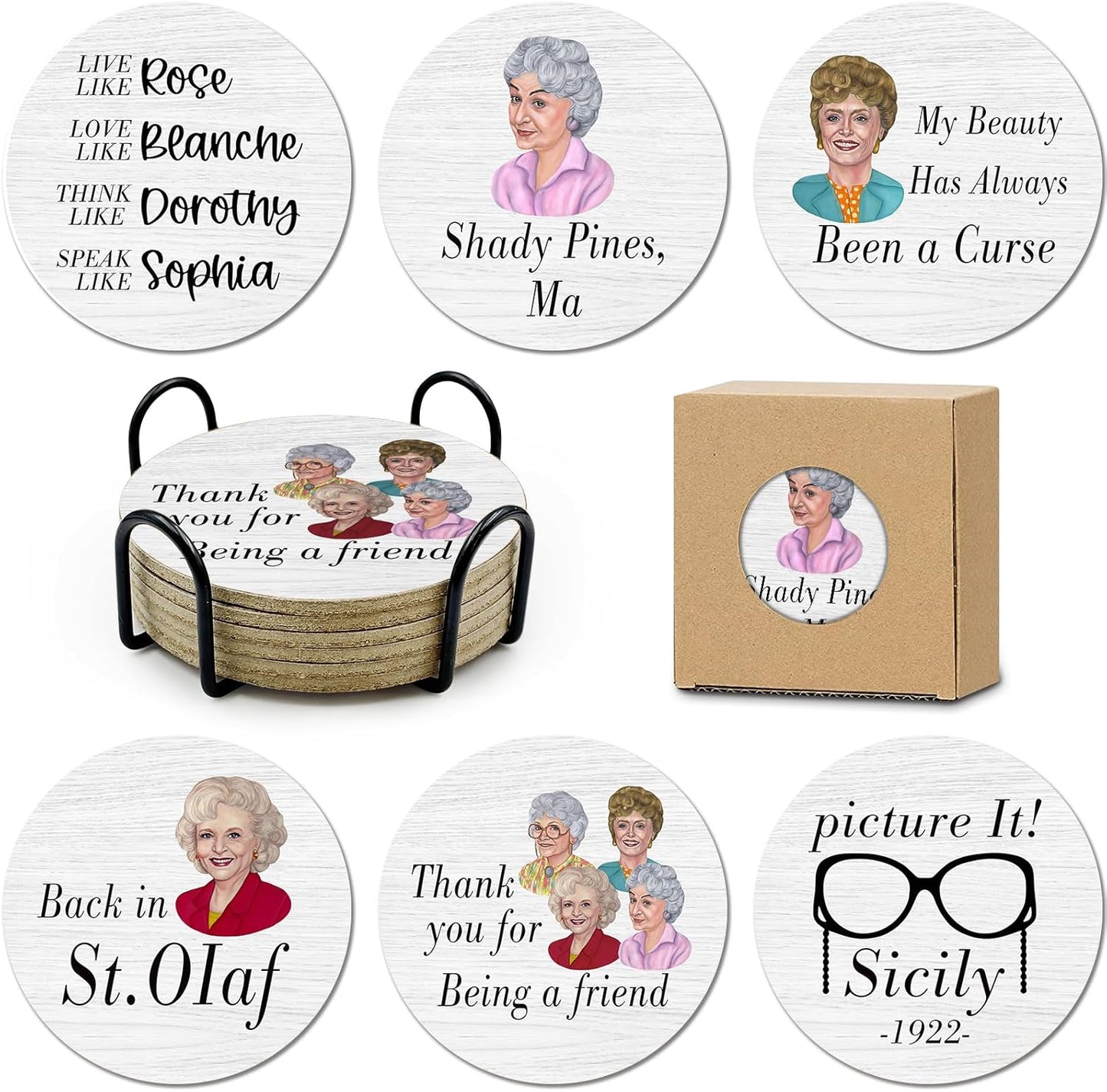 Golden Girls TV Show Merchandise,6 PCS Cork Coasters for Drinks,Funny Set with Coasters Holder,Golden Girls Fans Clean Dirty Dishwasher Magnet,Refrigerator Sign Kitchen Decor Gifts