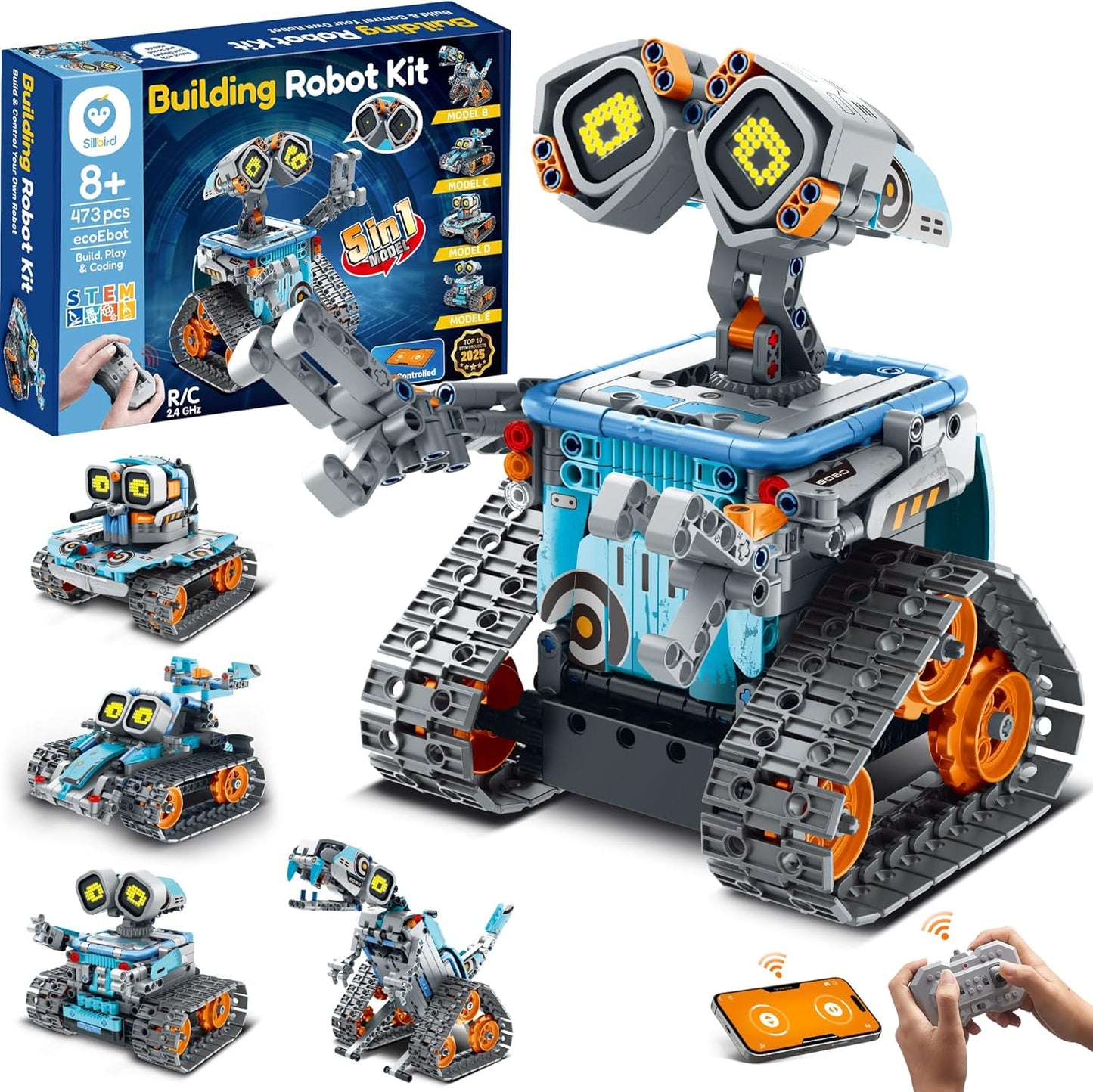 Sillbird Robot Building STEM Kit with Remote Control for Boys Ages 8-14, Technic Coding Gifts for Kids Birthday, Buildable 5in1 Robotics Toy with 596 Pieces
