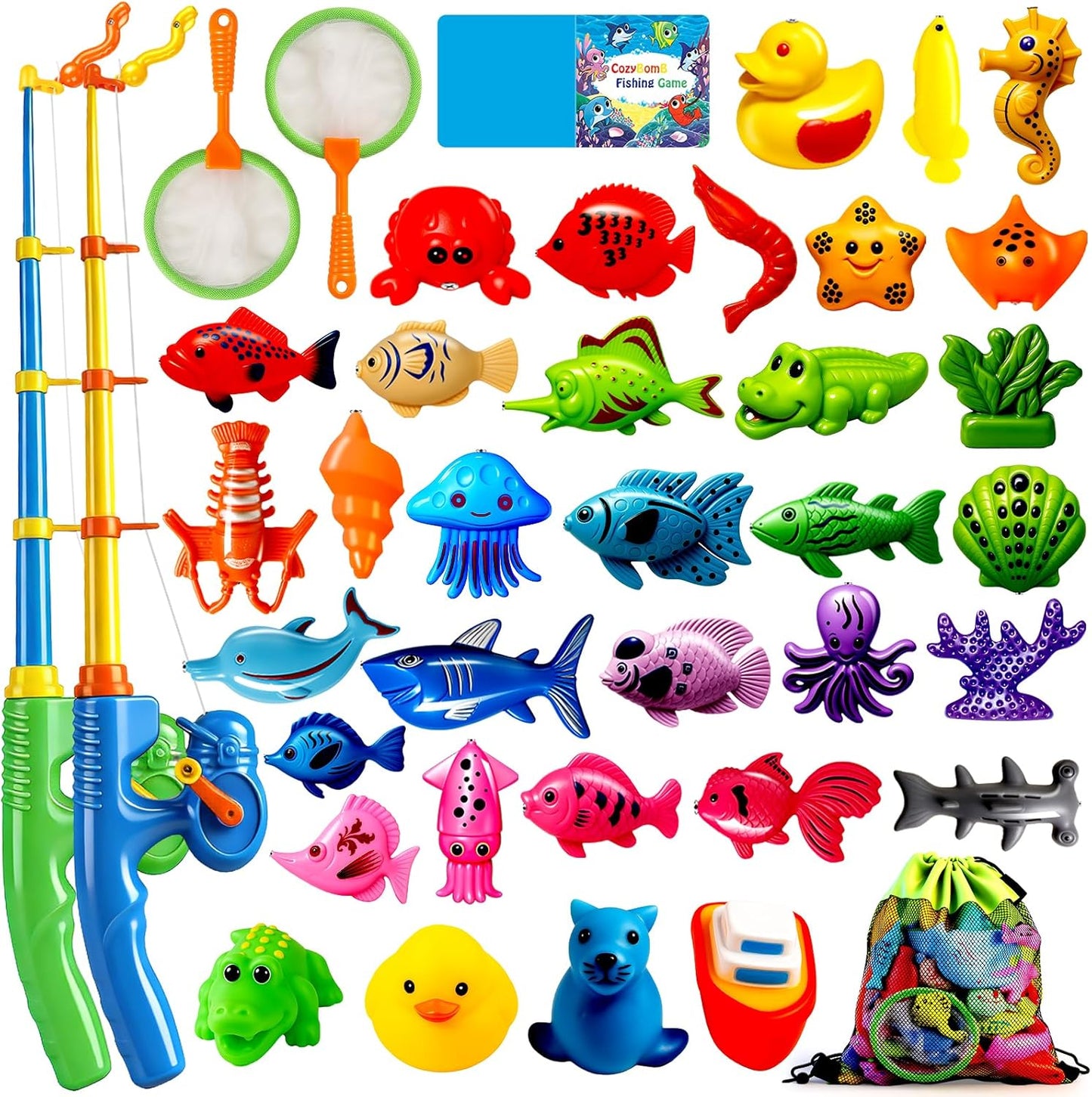 CozyBomB™ Magnetic Fishing Toys Game Set for Kids | Water Table Bathtub Kiddie Pool Party Pole Rod Net, Outdoor Plastic Floating Fish, Toddler Bath Color Ocean Sea Animals Birthday Gift Age 3-5 6 4-8
