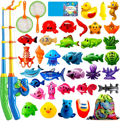 CozyBomB™ Magnetic Fishing Toys Game Set for Kids | Water Table Bathtub Kiddie Pool Party Pole Rod Net, Outdoor Plastic Floating Fish, Toddler Bath Color Ocean Sea Animals Birthday Gift Age 3-5 6 4-8