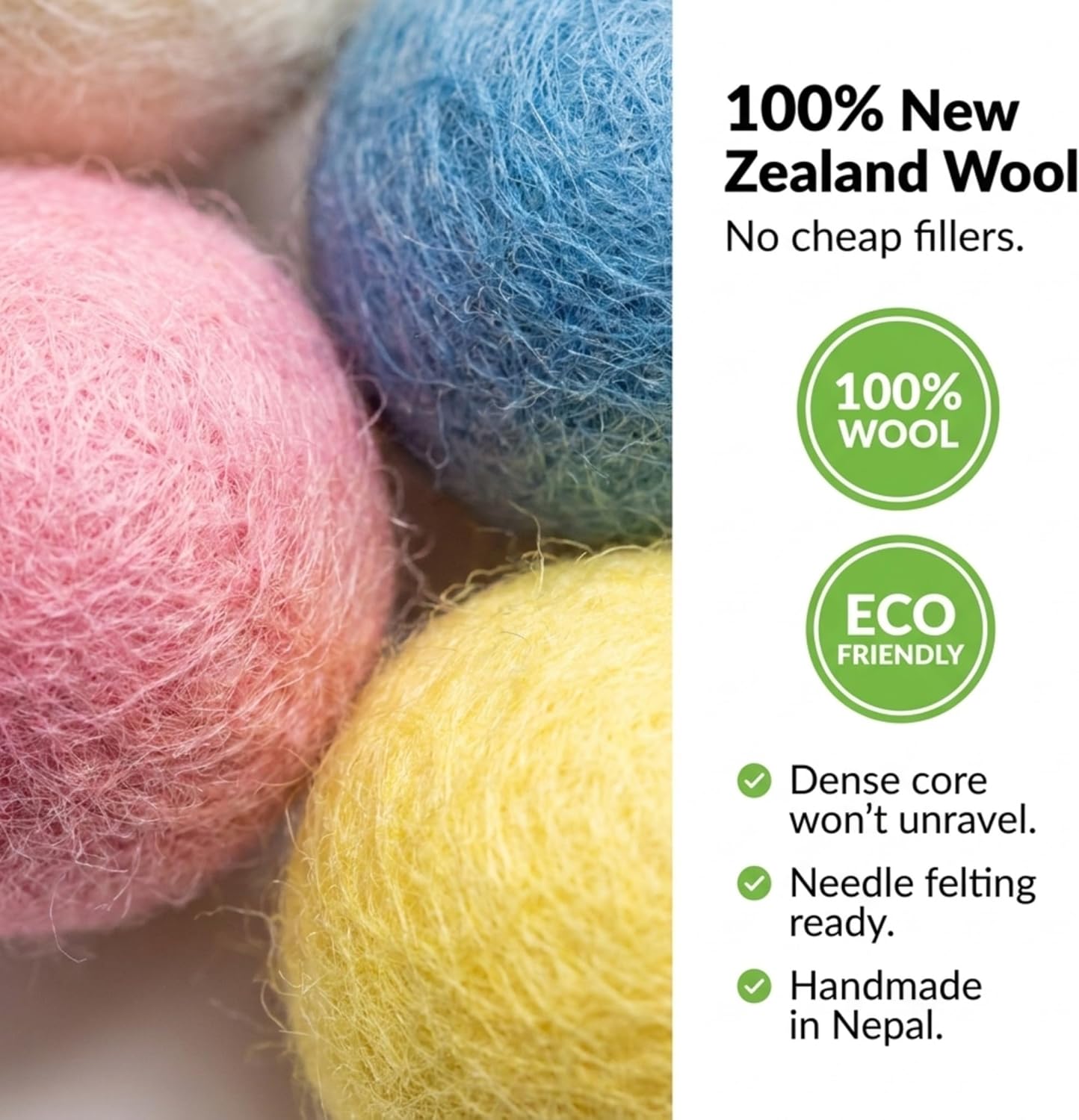 Glaciart One Felt Pom Poms, Wool Felt Balls with Swirls & Dots (90 Pieces) 2 cm – 0.8 Inch, Handmade Felted 30 Color Pastel Bulk Small Puff for Felting and Garland