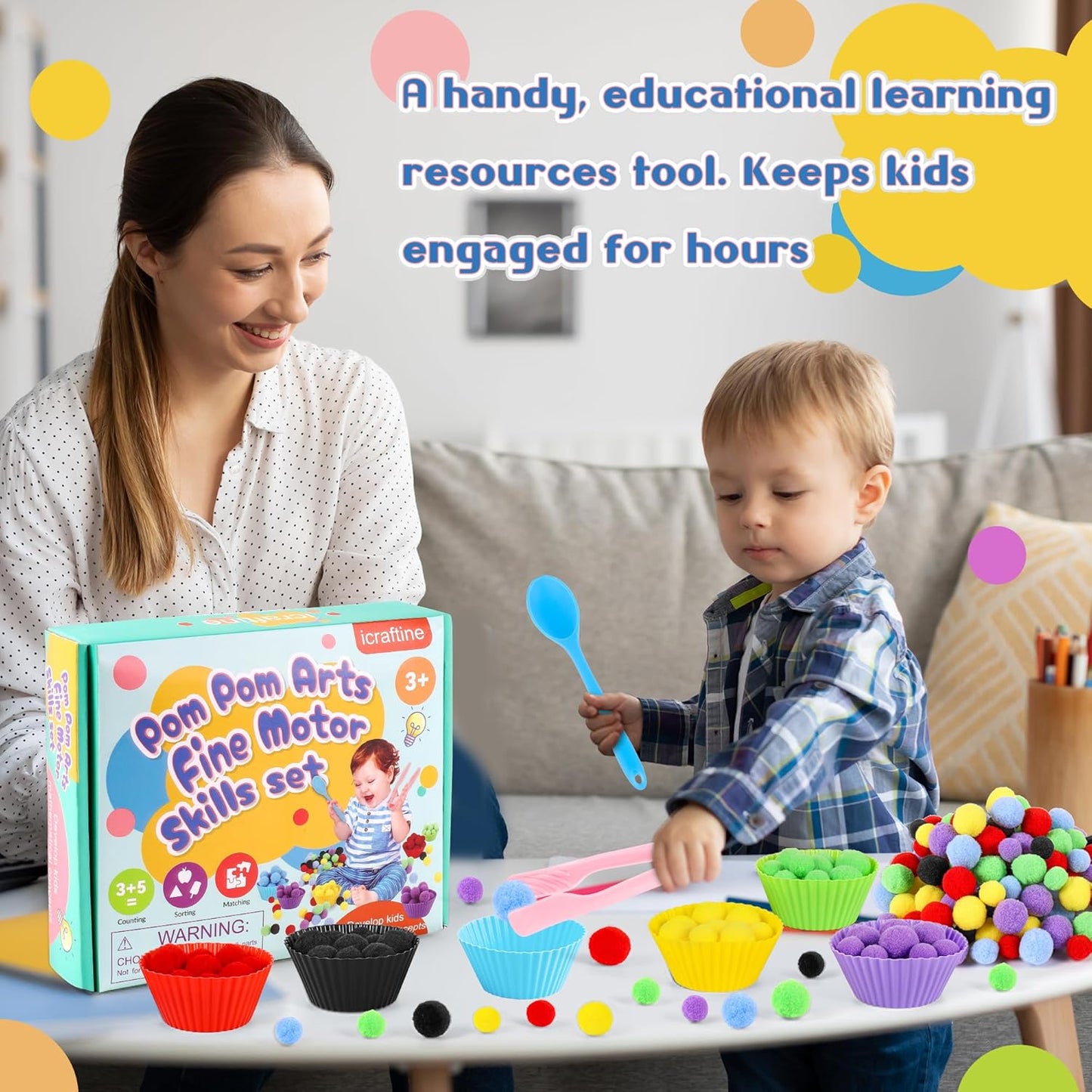 114 PCS Fine Motor Skills Sensory Bin Filler Includes 10 Sorting Bowls, 100 Pom Poms, 2 Tweezers, 2 Scooper Scissors for Kids Early Education, Counting Sorting Training Development