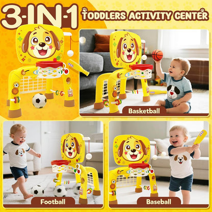 Toys for 1 Year Old Boy - Toddler Basketball Hoop & Soccer Goal & Baseball Activity Center with Light Sound Music, Puppy Montessori Sports Toy, Christmas Birthday Gift for Baby 12-18 Months, Yellow