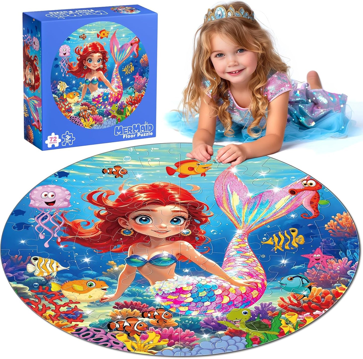 72 Pieces Shimmery Jumbo Mermaid Floor Puzzle for Girls 3-5 4-6 Age Floor Puzzles for Boys and Girls Large Round Floor Jigsaw Puzzles (Mermaid)