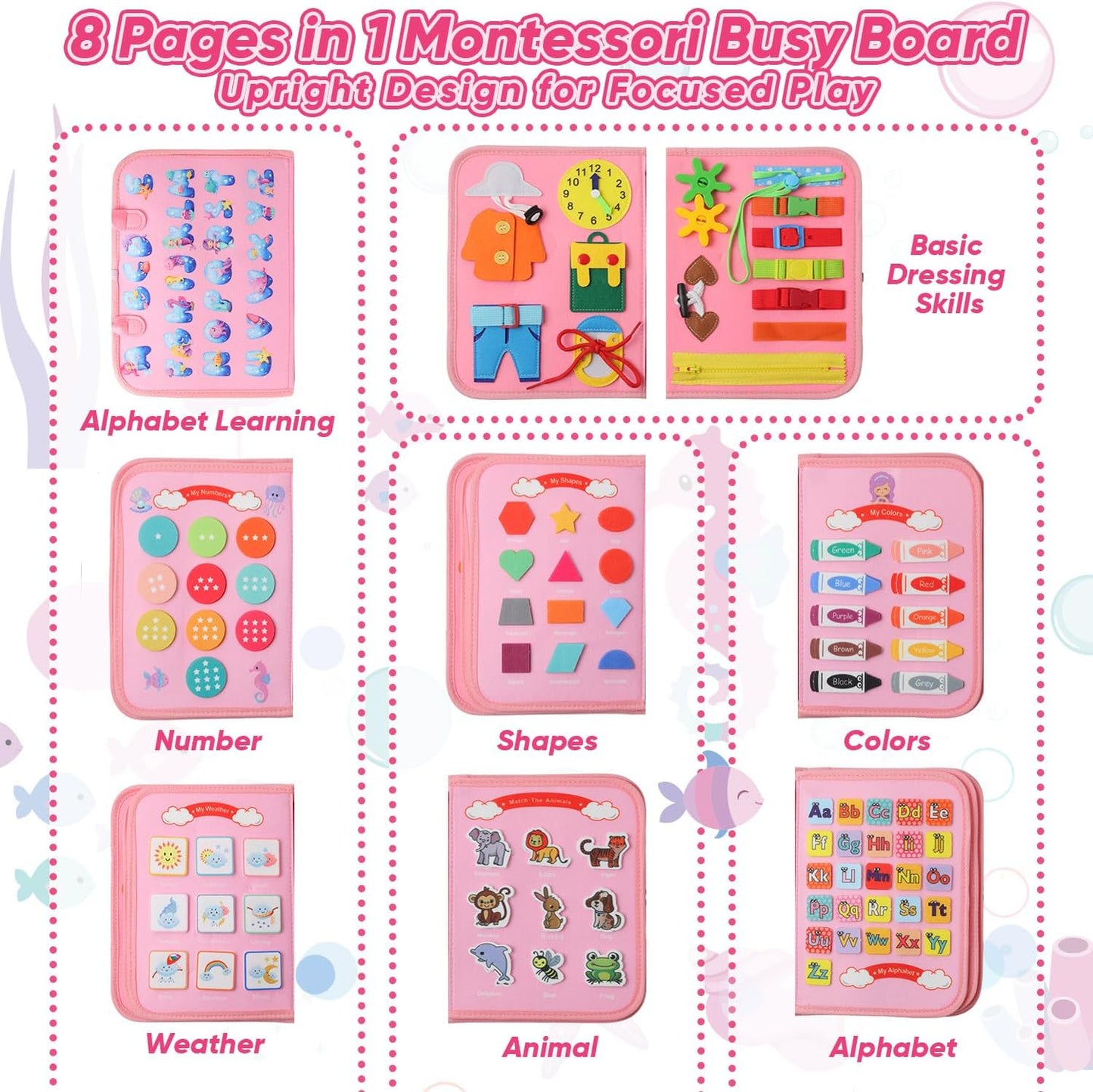 Mermaid Busy Board Book Toys for Girls, Sensory Educational Activities Busy Book for Learning Fine Motor Skills for Toddlers, Travel Activities Toy for Airplane and Car Travel
