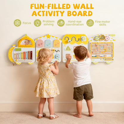 ROBUD Activity Wall Busy Board, Spring Train Montessori Busy Board, 12-in-1 Wooden Sensory Wall Panel, Montessori Sensory Wall Panel for Boys & Girls, Ideal for Toddler Playroom Nursery Classroom