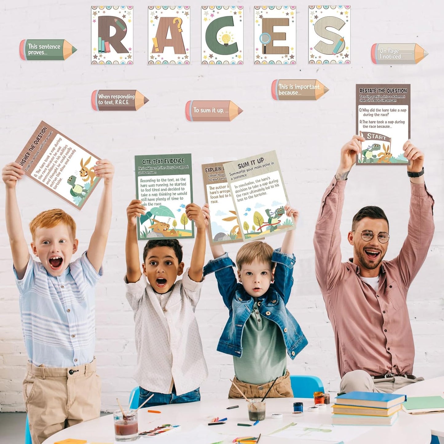 Outus 36 Pcs RACES Writing Strategy Bulletin Board Set, Alphabet Cutout Poster Sentence Starters Cards for Elementary School Classroom, Writing Display Wall Decoration Teacher Supply(Greenery)