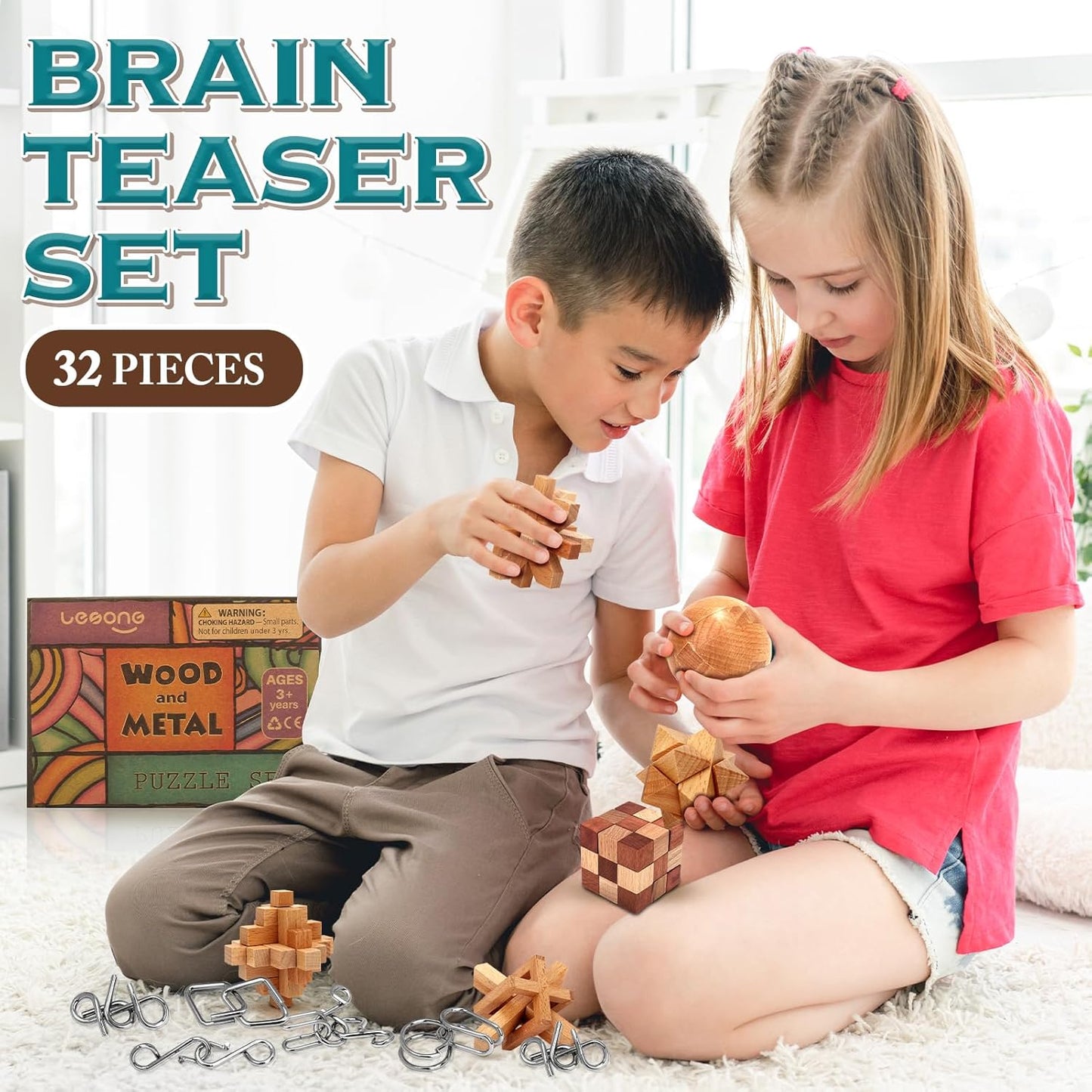 Brain Teaser Wooden Metal Puzzles - Easter Gifts for Kids Teens Brain Teaser Disentanglement Iron Link Unlock Interlock Game Chinese Ring Magic Trick Toy for Party Favors Kids Adults Challenge 32pack