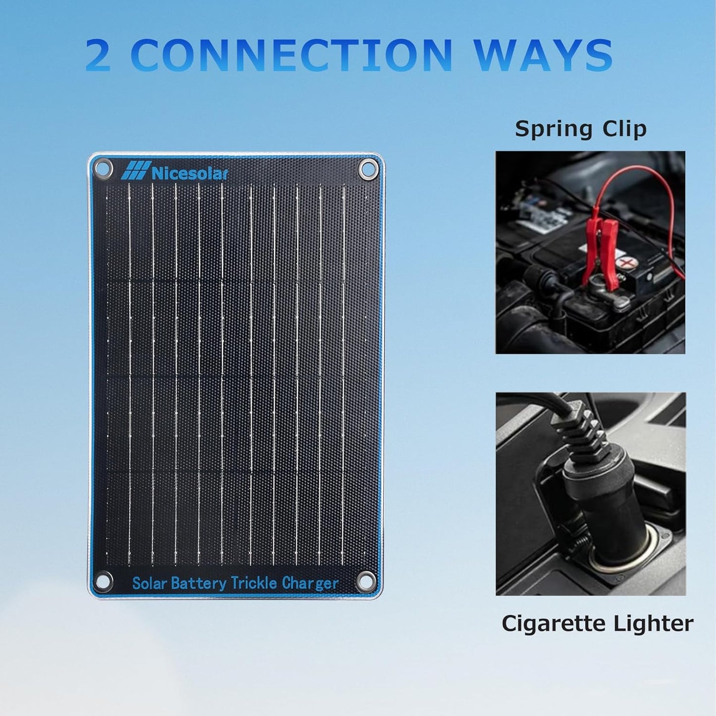 Nicesolar 10W 12V Solar Panel Car Battery Trickle Charger & Maintainer with Cigarette Lighter Plug & Alligator Clip for Car Automotive Motorcycle Boat Marine Snowmobile Watercraft RV