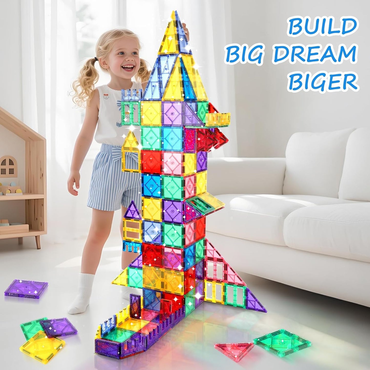 Mruikeny 100 Pieces Magnetic Tiles for Kids Ages 4-8, Glitter Magnetic Building Tiles Preschool Learning Magnet Toys, STEM Sensory Magnet Building Blocks for Toddlers 3 4 5 6 7 8+ Year