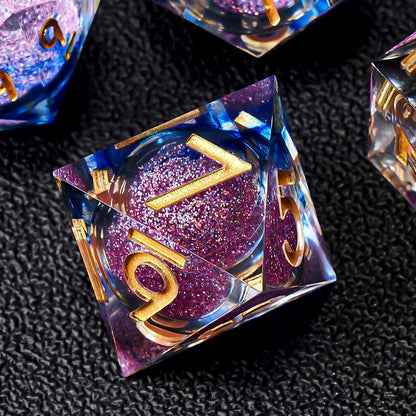 Liquid Core DND Dice Set, 7pcs Sharp Edge Dice for Role Playing Dungeons and Dragons Ttrpg with Gift Box, Handmade Resin D&D Dice RPG Role Playing Games Dice Set(Blue Gold)