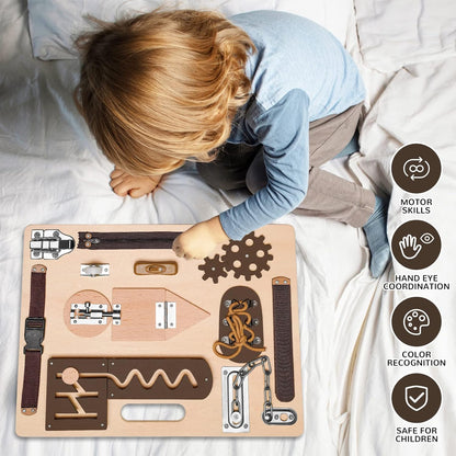 Montessori Busy Board for Toddlers, Wooden Sensory Toys, Preschool Learning Activities for Fine Motor Skills Travel Toy, Basic Life Skills Educational Gifts for 1 2 3 Years Old Kids Boys Girls