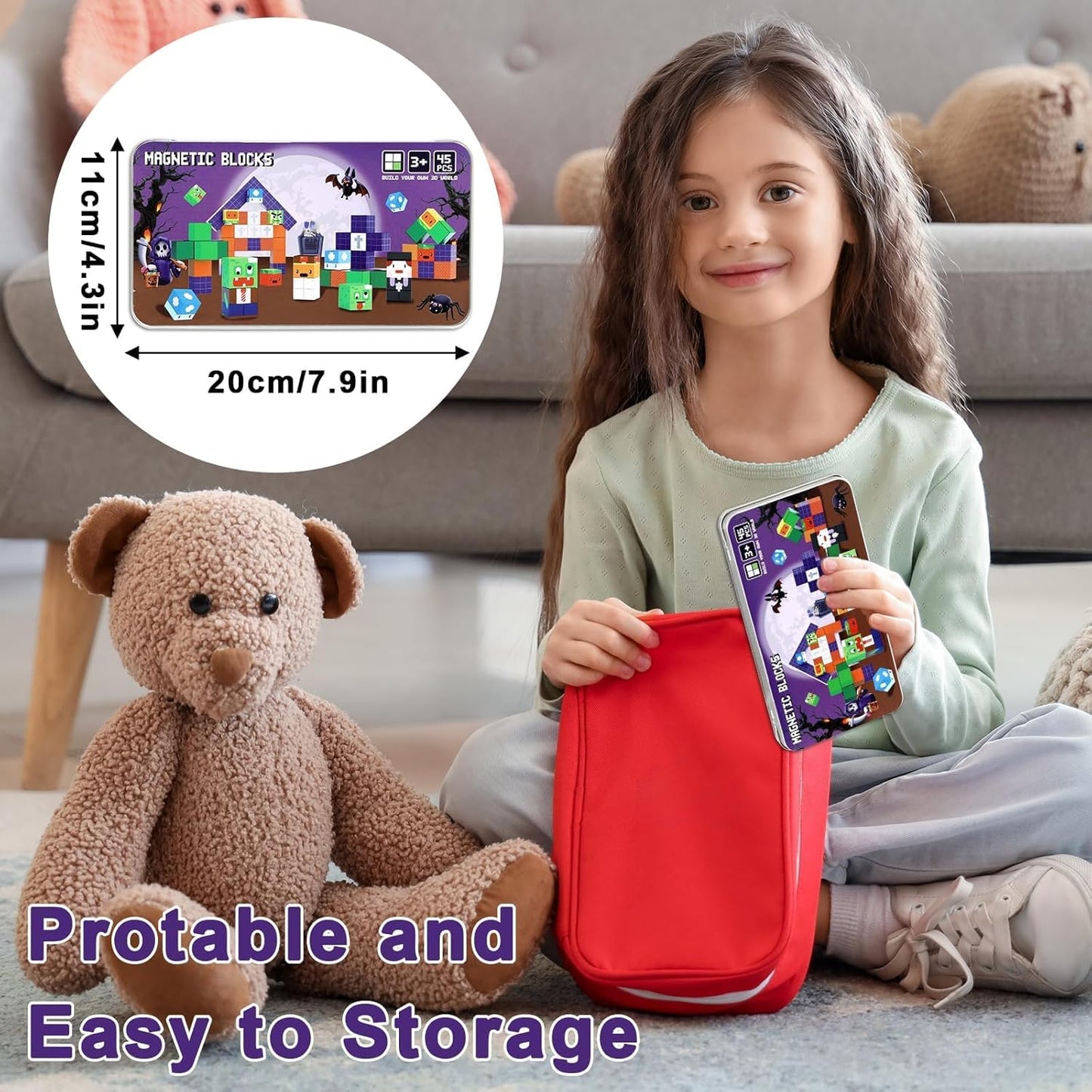 QOUBAI 45PCS Mini Magnetic Blocks Travel Toys, Magnet Building Cubes Tiles Set with Portable Iron Case, Learning Activities Gifts for Kids Toddlers Boys & Girls Ages 3-8 (Construction)