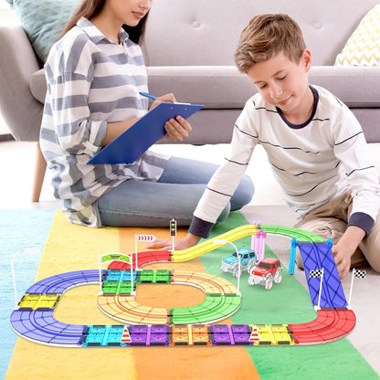 PicassoTiles 121pc Magnetic Tile Race Track Marble Run Magnet Tiles 3-in-1 Playset Car Racing Construction Set STEM Learning Early Education Building Toy Cars for School Toddlers Boys Girls Ages 3+