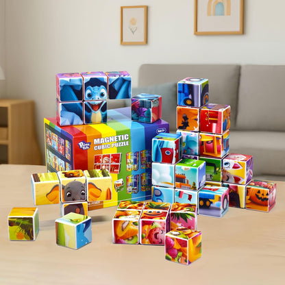 Pairez Toys 3D Magnetic Cubic Jigsaw Puzzle Toys for Toddlers, Large Building Blocks Cubes 1.65 Inches, Sensory & Montessori Toys for Kids 3-5