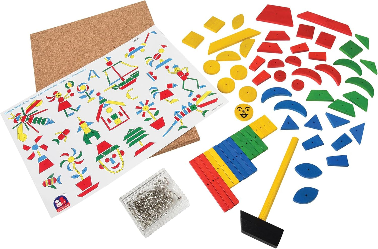 Hammer & Nail Design Kit – Montessori STEM Engineering & Geometry Building Set with 60 Wooden Tiles, Tacks, Hammer & Reusable Cork Board