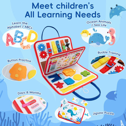 Busy Book for Toddlers - Montessori Sensory Toys for Travel, 4-Page Fine Motor Activity Board Gift for Boys & Girls (Ocean)
